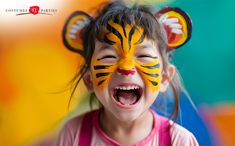 Child with tiger face paint at a party.